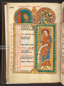 Legge til. 60629, f.5v Oktober. 12 kalendersider i gull og farger, med arkitektoniske rammer som hver inneholder et stjernetegn, en apostel og månedens arbeid.  Psalter. Opplyst salter med kalender, canticles og litanier til bruk for nonne av German School