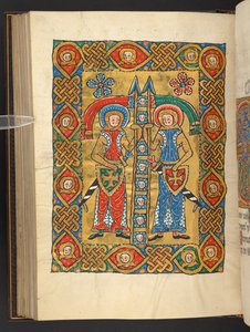 Legge til. 60629, f.84v To militære helgener, med andres hoder (vellum) av German School