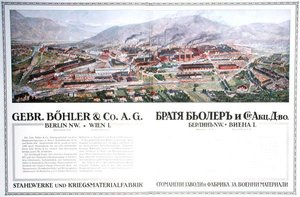Annonse for stålverket og våpenfabrikken til det østerrikske selskapet Gebr.Boehler & Co, fra en bulgarsk almanakk, ca. 1916 (farge litho) av German School
