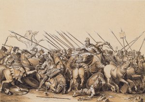Aleksander den store og hæren hans i kamp (fargelitografi) av German School