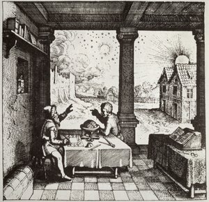 En astrolog som kaster et horoskop, kopi av en illustrasjon fra Utriusque Cosmi Historia av Robert Fludd, Oppenheim 1617, brukt i en magihistorie, utgitt sent på 1800-tallet av German School