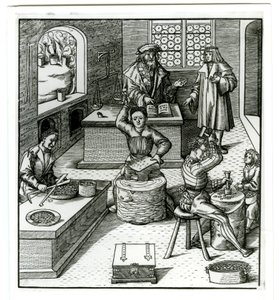 En europeisk mynte fra tidlig sekstende århundre, fra Der Weisskunig (gravering) av German School