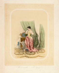 En elegant dame ved sminkebordet hennes, trykt av F. Sala & Co, Berlin, ca. 1850 av German School