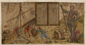 En illustrert bredside som feirer Francis Drakes kampanje mot spanjolene, illustrasjon fra 'Hier steh ich Drach in Engelandt' (penn og blekk med vask på papir) av German School