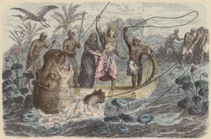 Gammel egyptisk farao på flodhestjakt (farget gravering) av German School