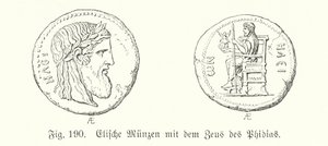Gamle greske mynter fra Elis med bilder av Zeus fra Phidias (gravering) av German School