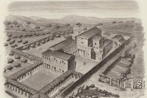 Gammelt gresk landsted i Al-Barah, Syria. Illustrasjon for Bilder-Atlas (gravering) av German School