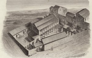 Gamle greske hus i Moudleja, Syria. Illustrasjon for Bilder-Atlas (gravering) av German School