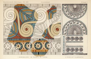 Gammelt gresk veggmaleri fra et palass i Tiryns og frise med glasspasta-dekor (farge litho) av German School
