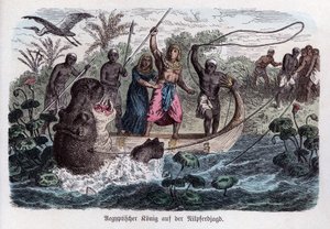 Antikkens historie. Egypt. Faraoen i en flodhestjakt. Tysk ... (gravering) av German School