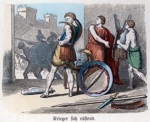 Antikkens historie. Hellas. Greske krigere bevæpner seg til krig. ... (gravering) av German School