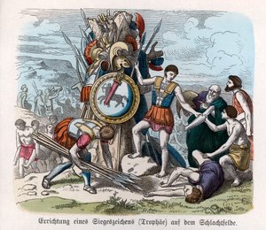 Antikkens historie. Hellas. Krigstrofeer ... (gravering) av German School