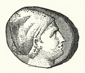 Gammel mynt som viser hodet til den antikke greske poeten Sappho (gravering) av German School