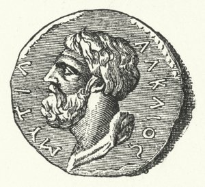 Gammel mynt som viser hodet til den greske poeten Alcaeus fra Mytilene av German School