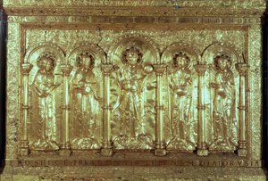Antependium som viser Kristus med giverne ved hans føtter mellom erkeenglene Gabriel, Raphael og Michael og St. Benedikt (gull) (se også 162678) av German School