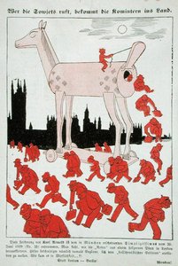Anti-bolsjevikisk tegneserie av det tredje riket som skildrer bolsjevikene som rømmer fra en trojansk hest til London (farge litho) av German School