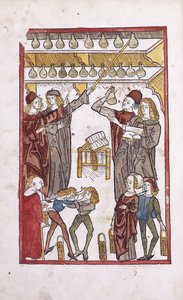 Apoteker og eliksirer, med to gutter som kjemper i forgrunnen, 1491 av German School