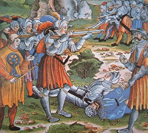 Pansrede soldater som skyter fyrstikklås Arquebus, sent på 1400-tallet (håndfarget tresnitt) av German School