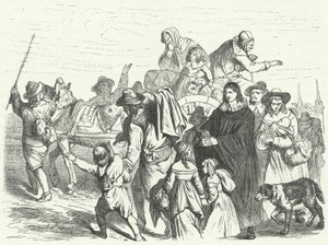Ankomst av franske huguenot-immigranter til Brandenburg etter at den store kurfyrsten Frederick William utstedte Potsdam-ediktet i 1685 (gravering) av German School