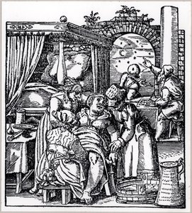 Astrologer kaster et horoskop for barnet som blir født til en kvinne i en fødselsstol, fra De Conceptu et Generatione Hominis av Jacob Rueff, utgitt i Frankfurt, 1587 av German School