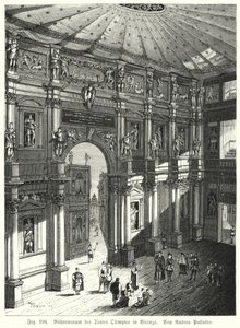 Auditorium og scene i Teatro Olimpico, Piacenza, Italia, designet av Andrea Palladio (gravering) av German School