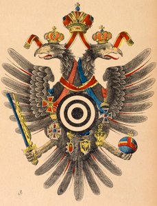 Østerriksk-ungarsk keiservåpen som mål for bueskyting, ca. 1865 (farget tresnitt) av German School
