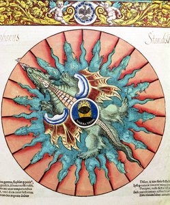 BT1.70.2 An Eclipse of the Sun, illustrasjon fra Astronomicum Caesareum av Peter Apian (Bennewitz) (1495-1552) pub. i Ingolstadt, 1540 (farget tresnitt) av German School