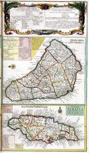 Barbados og Jamaica, detalj fra et kart over engelske kolonier i Karibien, pub. av Homanns Heirs, Nürnberg, ca. 1750 (detalj av 101836) av German School
