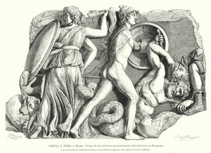 Kamp mellom gudene og titanene og gigantene, antikkens gresk relieff fra Pergamon (litho) av German School