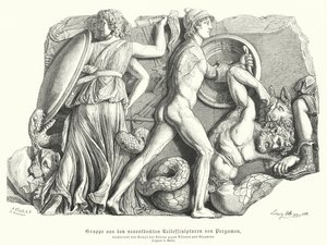 Kamp mellom gudene og titanene og gigantene, antikkens gresk relieff fra Pergamon (gravering) av German School