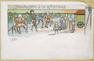 Strandidyll i Rontgen-stil, tegneserie om røntgen, ca. 1896-99 (fargegravering) av German School