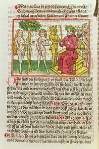 Belial presenterer Adam og Eva for Salomo, illustrasjon fra en tysk oversettelse av Das Buch Belial, 1473 (farget tresnitt) av German School