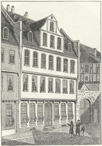 Fødested til tysk forfatter og statsmann, Johann Wolfgang von Goethe, Frankfurt, Tyskland (gravering) av German School