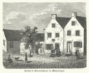 Fødested til den tyske forfatteren, filosofen og lutherske teologen Johann Gottfried von Herder, Mohrungen (gravering) av German School