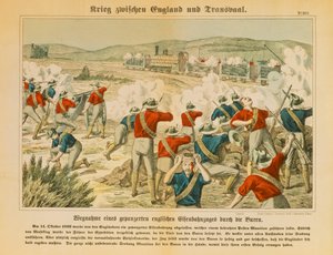 Boere beslaglegger et pansret engelsk tog under den andre boerkrigen, nær Maseking, 14. oktober 1899, utgitt av C. Burckhardts Nachf, Weissenburg, 1899 av German School
