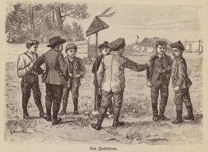 Gutter som spiller jakobinsk lue-spill (gravering) av German School