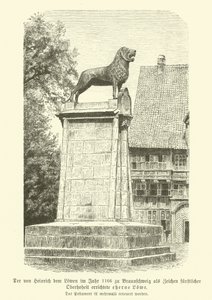 Bronseløve reist av Henry the Lion i Brunswick i 1166 (gravering) av German School
