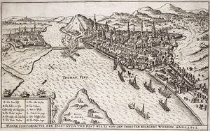 Buda og skadedyr beleiret av de kristne i 1602, illustrasjon fra en bok om de osmanske kampanjene i Europa, gravert av Paul Furst (ca. 1605-66) av German School