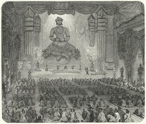 Buddhister som tilber i et kloster i Peking (gravering) av German School