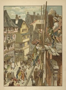 Byggere på jobb på et hus (farge litho) av German School