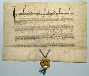 Bull of Charles IV (1316-78) Den hellige romerske keiser, 29. januar 1365 (blekk på pergament med gullsegl) av German School