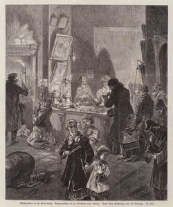Stearinlys til salgs i vestibylen til en kirke i St Petersburg, Russland, til jul (gravering) av German School