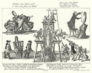Karikatur på de altfor høye parykkene båret av fasjonable kvinner på 1700-tallet (gravering) av German School