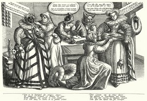 Tegneserie på damekostyme, tidlig på 1600-tallet (gravering) av German School