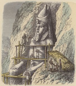 Utskjæring av en statue av en gammel egyptisk farao fra en fjellvegg (farget gravering) av German School