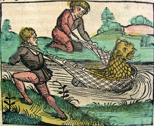 Catching a Lion Cat fish Monster publisert i Nuremberg Chronicle, 1493 av German School