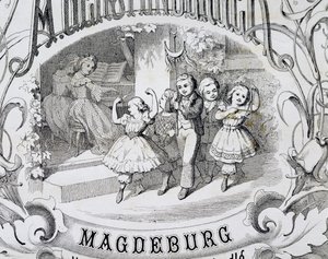 Barnedansescene, detalj på tittelsiden til samlingen av musikk og danser for barn utgitt i Magdeburg. Tyskland av German School