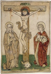 Kristus på korset med Maria og Johannes, ca. 1470-80 (håndfarget tresnitt på pergament) av German School