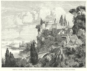 Kystlinjen til Napolibukta fra den gamle romerske byen Baiae, Cape Miseno, med Vesuv i det fjerne (litho) av German School