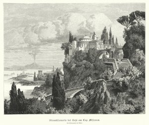 Kystlinje av Napolibukta fra den gamle romerske byen Baiae, Cape Miseno, med Vesuv i det fjerne (gravering) av German School